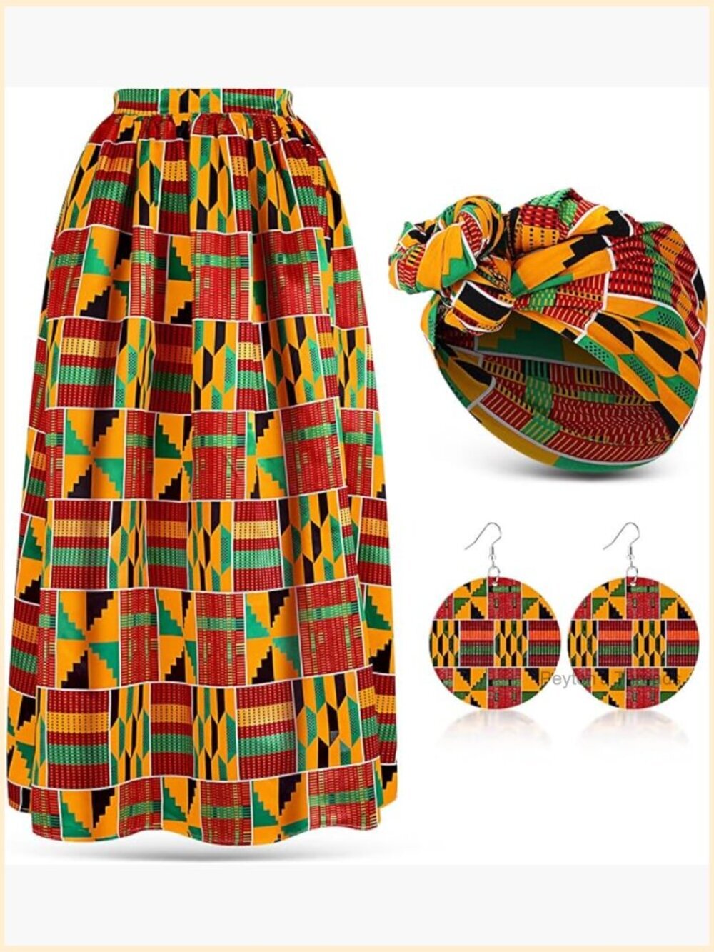 African Print Maxi Skirt Set with Pockets, Head Wrap & Earrings